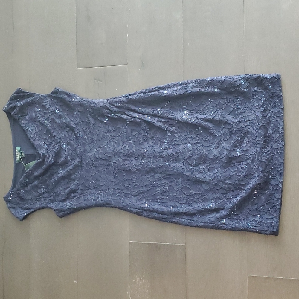 Navy Blue Lace Ralph Lauren Dress Sequins Elegant Women's Size 12 New